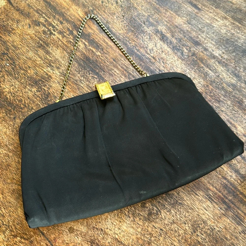 After Five Vintage Black Satin Cocktail Clutch Purse gold w/ turquoise hardware